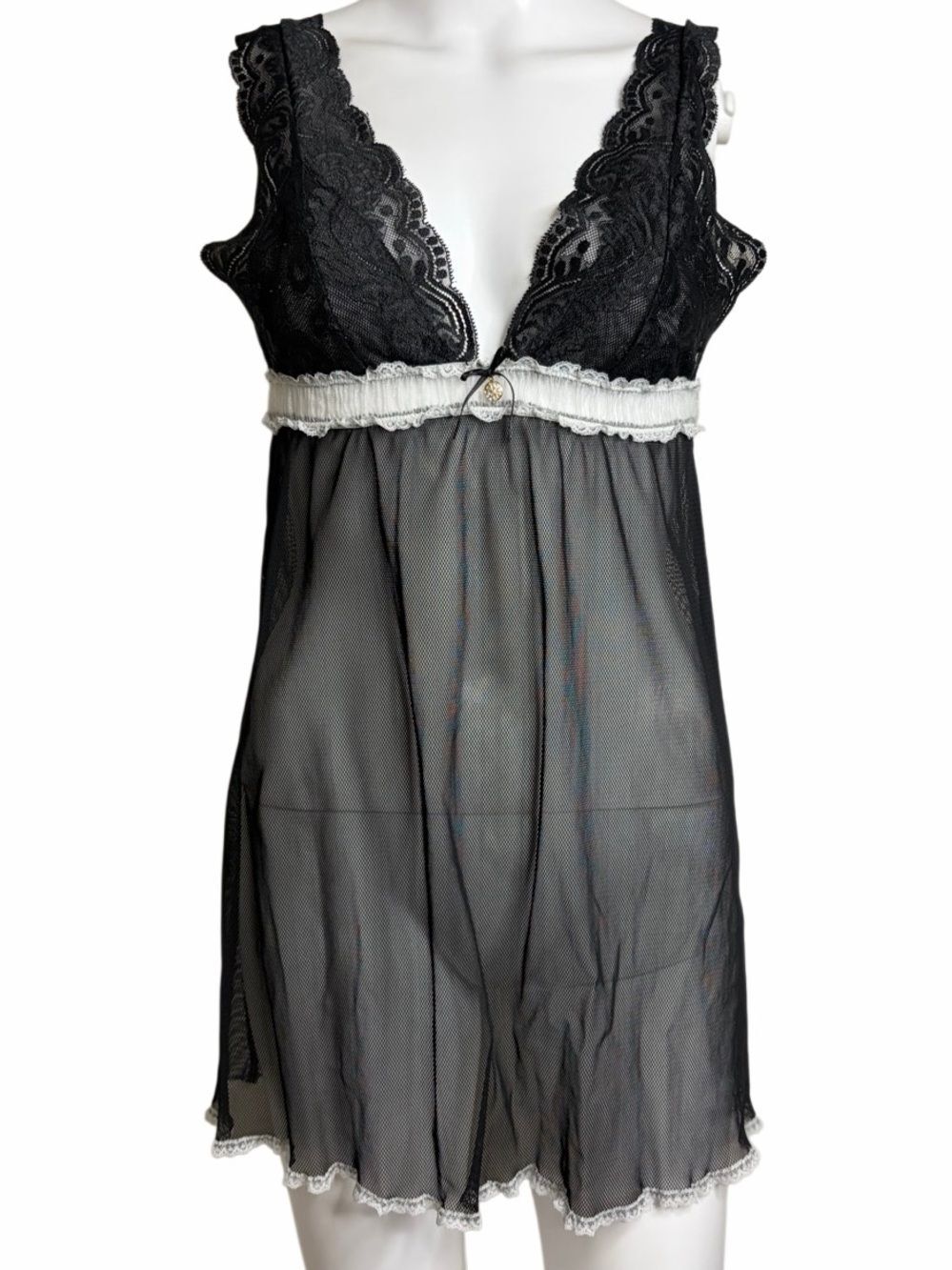 Seductive wear Black Lace & Mesh Chemise with White Trim Medium